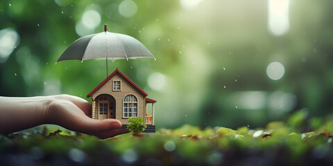 Home Insurance Concept The House under umbrella Protection from rain symbolizes the coverage offered by the insurance company with generative ai - obrazy, fototapety, plakaty