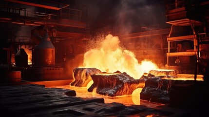 Liquid iron molten metal pouring in container, industrial metallurgical factory, foundry cast, heavy industry background.
