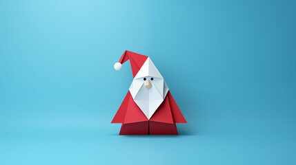 Ilustrowany Święty Mikołaj origami - mikołajki. Niebieskie tło na baner lub życzenia świąteczne. - obrazy, fototapety, plakaty