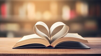 Love story book with open page of literature in heart shape and stack piles of textbooks on reading desk in library, school study room for national library lovers month and education learning concept.