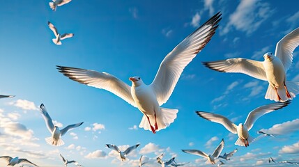 Obraz premium Low angle view of seagulls flying against sky,County Limerick,Ireland. 