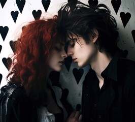 A young couple kissing passionately. Great for stories on young love, romance, alternative fashion, drama, punk, goth and more. 