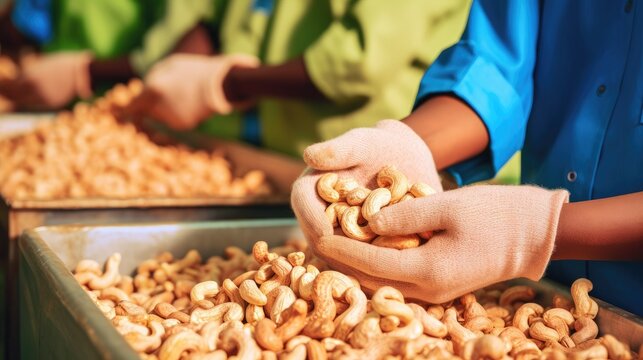Midsection of workers examining cashew nuts at factory.
