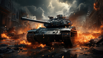 Tank as a defense mission. Explosion and destructions caused by war. Army battle, artillery weapons force conflict.