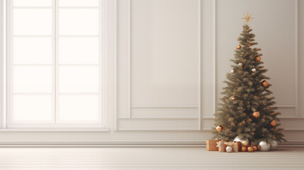 Jasne tło świąteczne na życzenia z ozdobioną choinką w domu, z oknem i z prezentami na Święta Bożego Narodzenia.  - 672663991