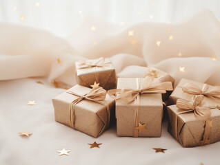 Christmas holiday celebration background, crafted brown gift boxes, decorated with gold star. Making aesthetic winter presents in rustic style.