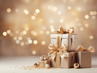 Christmas holiday celebration background, crafted brown gift boxes, decorated with gold bokeh. Making aesthetic winter presents in rustic style.