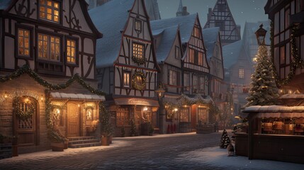 Fototapeta premium Christmas background traditional European village square, with cobblestone streets, half-timbered houses, and a bustling Christmas market with stalls, wreaths, and twinkling lights