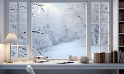 landscape with window and snow, Generative AI