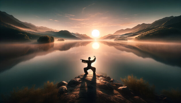 Serene Dawn by the Lake: Tai Chi Practice at Sunrise