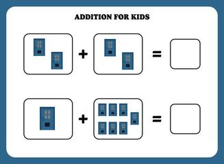 Addition page for kids. Educational math game for children with door. Printable worksheet design. Learning mathematic.