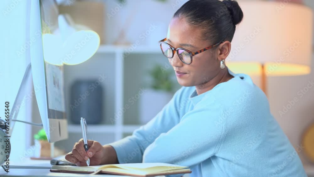 Poster Young remote learner studying for a university test or college assignment. Female student writing notes and doing research for an academic essay or article while sitting at a computer desk inside.