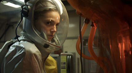 mujer astronauta en la nave científica en un experimento