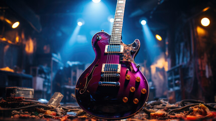 Close up of electric guitar on a stage during rock concert. - obrazy, fototapety, plakaty