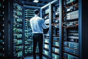 Male network specialist at work at server room doing network commissioning and cyber security check. Generative Ai