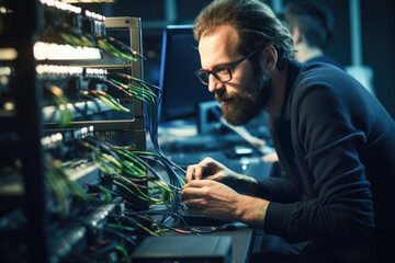 Male network specialist at work at server room doing network commissioning and cyber security check. Generative Ai - 672665578