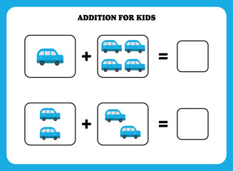 Addition page for kids. Educational math game for children with car. Printable worksheet design. Learning mathematic.