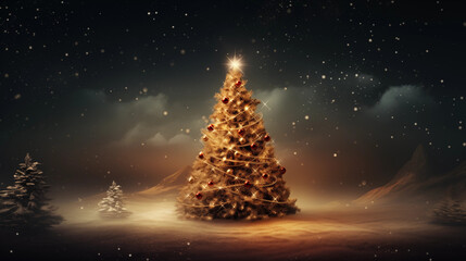 Zielone ciemne tło świąteczne na życzenia z ozdobioną choinką i z prezentami na Święta Bożego Narodzenia w zimowej scenerii - obrazy, fototapety, plakaty