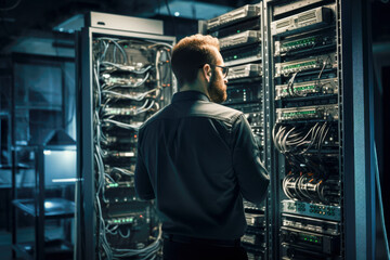 Male network specialist at work at server room doing network commissioning and cyber security check. Generative Ai