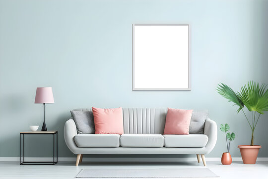 Modern interior with sofa. A vacant picture frame against a pastel-colored backdrop in a minimalist living room.