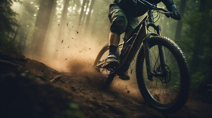 Mountain Bike rider on blurred motion mud dirt road