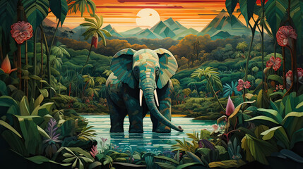 Lush, geometrically patterned landscapes with roaming wild elephant Ai Generative