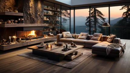 Modern interior design of a living room in an apartment, house, office, bright modern interior details and sun rays from the window against the background of concrete walls.