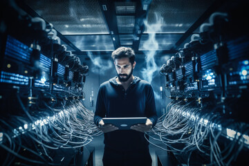 Male network specialist at work at server room doing network commissioning and cyber security check. Generative Ai - 672666368