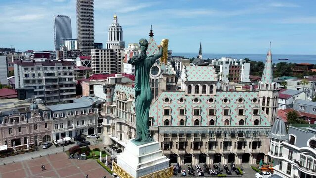 Aerial view capturing the central Europe Square and the back of the Medea statue in Batumi, a key tourist site.
