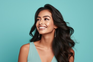 Profile side view portrait of attractive cheery girl fresh skin aesthetic copy space ad isolated over bright teal turquoise color background