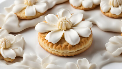 Fototapeta na wymiar Closeup of Biscuit decorated with fresh cream flower isolated with white background.