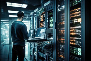 Male network specialist at work at server room doing network commissioning and cyber security check. Generative Ai - obrazy, fototapety, plakaty