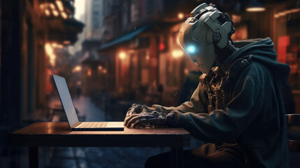 A humanoid robot works in an office on a laptop, showcasing the utility of automation in repetitive and tedious tasks. - obrazy, fototapety, plakaty