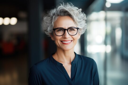 Smiling confident middle aged business woman standing in big office. Old senior businesswoman, 60s grey haired lady professional female manager, leader looking at camera, copy space.
