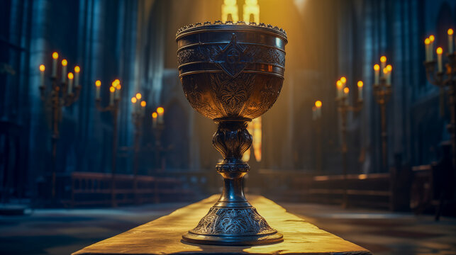 Holy grail chalice in a church. Relics and magic items concept.