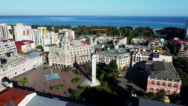 Aerial footage of Europe Square in Batumi, with a view extending to the Black Sea coast.