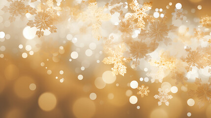 Złote świąteczne zimowe tło na baner, tapetę lub życzenia świąteczne na Boże Narodzenie. Zimowe śnieżynki, płatki śniegu.