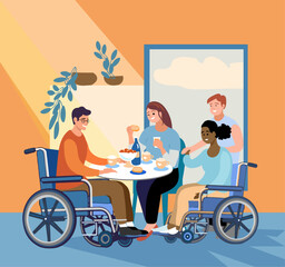 Person with disabilities in public place. Friends in wheelchairs sitting in cafe, drinking coffee with friends. Metaphor of introduction into modern society. Cartoon flat vector illustration