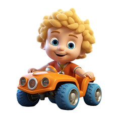 Caucasian smiling toddler male avatar with curly blond hair and toy truck on an isolated background. Cute PNG.