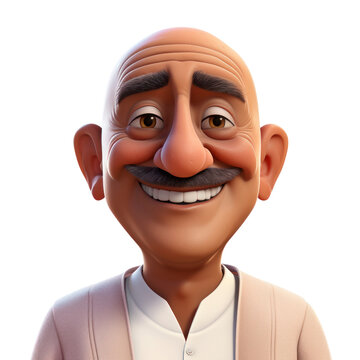 Indian elderly male avatar with bald head and white mustache on an isolated background. Cute PNG.