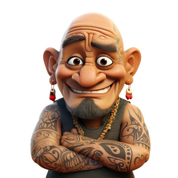 Polynesian elderly male avatar with faded tattoos and balding head on an isolated background. Cute PNG.