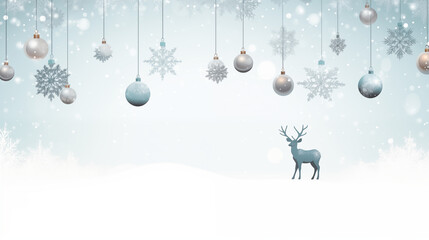 Świąteczne zimowe tło niebieskie. Ozdoby na Boże Narodzenie - bombki, gwiazdki, śnieżynki. Tapeta, baner na życzenia świąteczne, noworoczne - obrazy, fototapety, plakaty