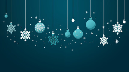 Świąteczne zimowe tło niebieskie. Ozdoby na Boże Narodzenie - bombki, gwiazdki, śnieżynki. Tapeta, baner na życzenia świąteczne, noworoczne