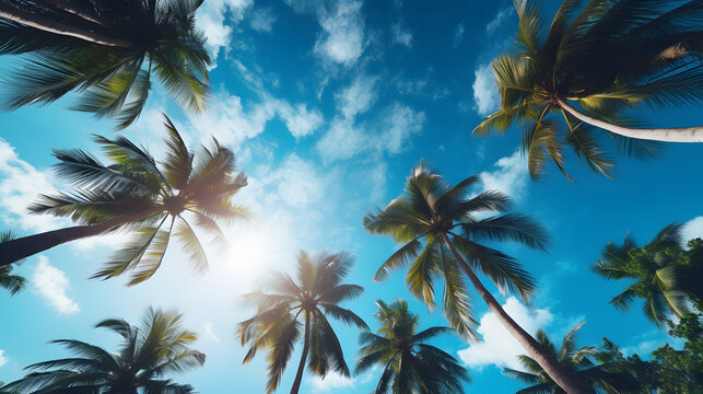 Low angle view of palm trees against blue sky during bright sunny day