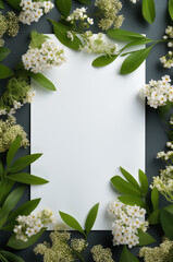 Empty white summer and spring nature background with fresh green leaves and herbs and pastel blank card for copy space or text creative advertising. isolated  - obrazy, fototapety, plakaty