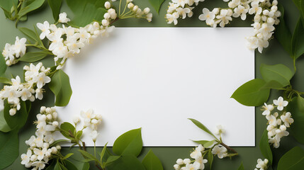 Empty white summer and spring nature background with fresh green leaves and herbs and pastel blank card for copy space or text creative advertising. isolated 