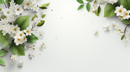  Empty white summer and spring nature background with fresh green leaves and circle frame for copy space or text creative advertising. isolated