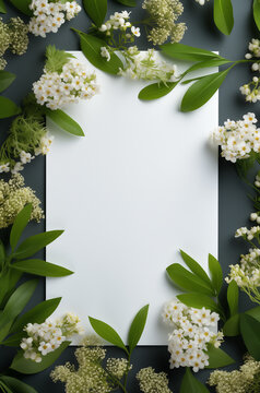 Fototapeta Empty white summer and spring nature background with fresh green leaves and herbs and pastel blank card for copy space or text creative advertising. isolated 