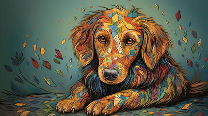 A colorful, creative illustration of a dog