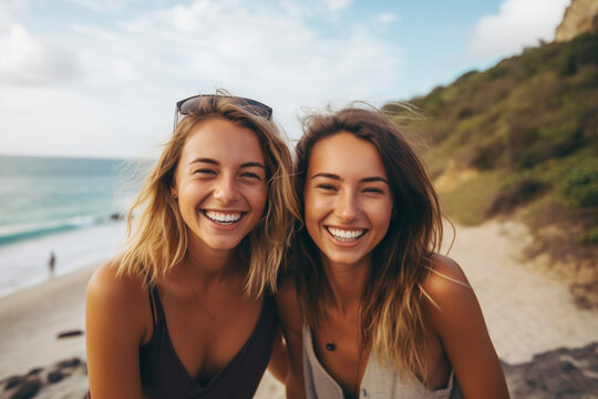 portrait of two happy young friends enjoying a vacation along the coast